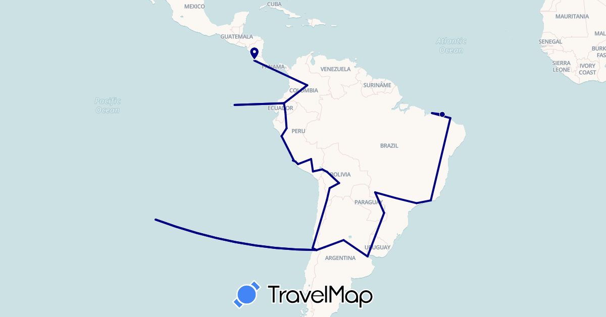 TravelMap itinerary: driving in Argentina, Bolivia, Brazil, Chile, Colombia, Costa Rica, Ecuador, Peru (North America, South America)